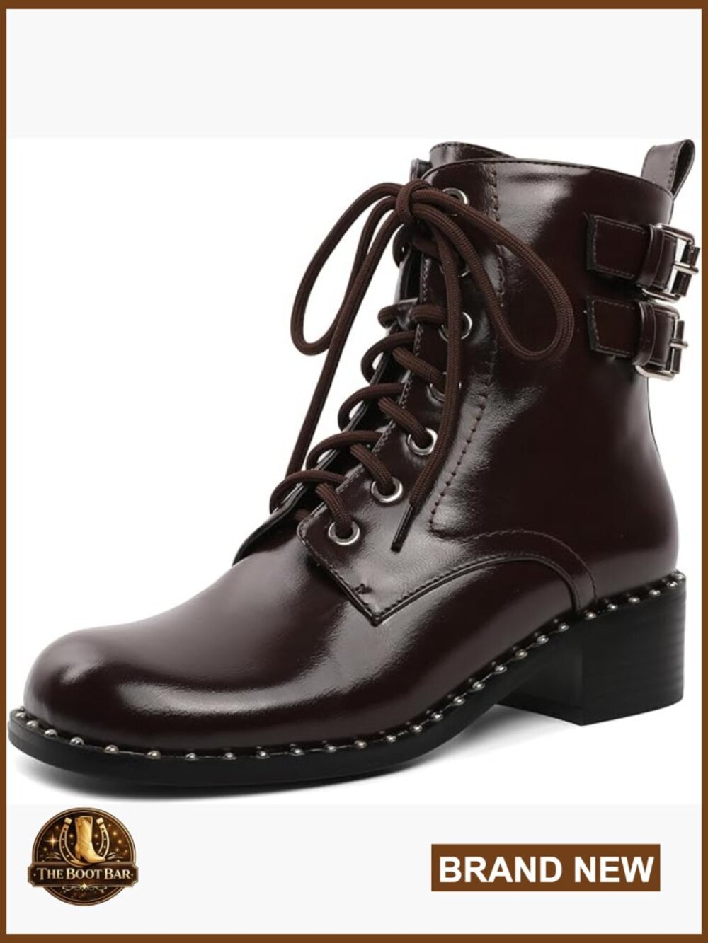 Chunky Lace Up Combat Boots with Buckle Straps Studded Low Block Heel Ankle